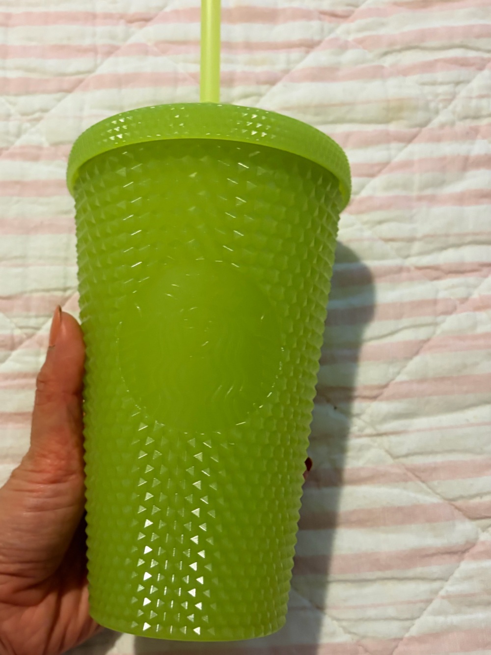 LIKE NEW Starbucks GLOW IN THE DARK Lime Green Studded Tumbler with Straw